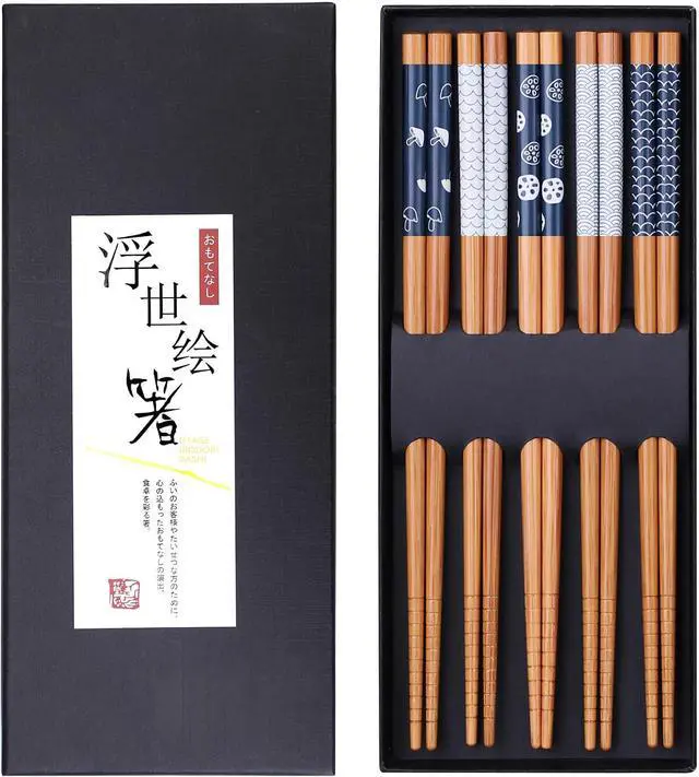 Main image of Antner 5 Pairs Bamboo Chopsticks Reusable Chop Sticks Japanese Style Bamboo Chopstick with Black Box Lightweight 8.8 Inch/22.5cm Non-Slip Chopsticks Gift Set