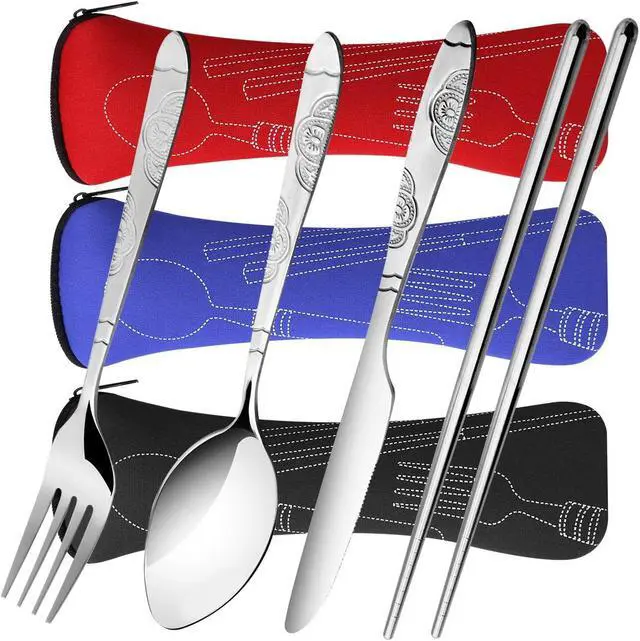 Alt view image 4 of 7 - Arroyner 3 Pack Reusable Flatware Sets Knife, Fork, Spoon, Chopsticks, 12Pcs Portable Travel Stainless Steel Tableware Dinnerware with Carrying Case