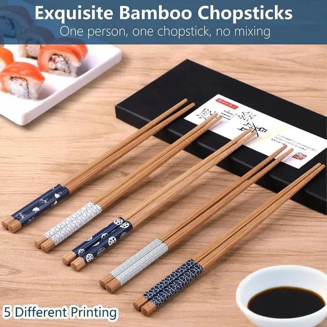 Alt view image 2 of 7 - Antner 5 Pairs Bamboo Chopsticks Reusable Chop Sticks Japanese Style Bamboo Chopstick with Black Box Lightweight 8.8 Inch/22.5cm Non-Slip Chopsticks Gift Set