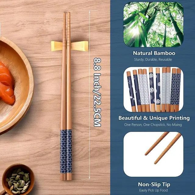 Alt view image 3 of 7 - Antner 5 Pairs Bamboo Chopsticks Reusable Chop Sticks Japanese Style Bamboo Chopstick with Black Box Lightweight 8.8 Inch/22.5cm Non-Slip Chopsticks Gift Set