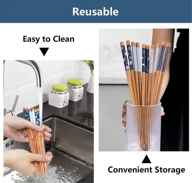 Alt view image 6 of 7 - Antner 5 Pairs Bamboo Chopsticks Reusable Chop Sticks Japanese Style Bamboo Chopstick with Black Box Lightweight 8.8 Inch/22.5cm Non-Slip Chopsticks Gift Set