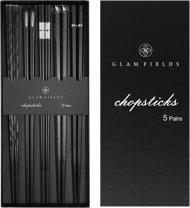 Main image of GLAMFIELDS 5 Pairs Premium Chopsticks Reusable Dishwasher Safe 9.5 Inch Fiberglass Chop Sticks Gift Set Non Slip Black + Silver