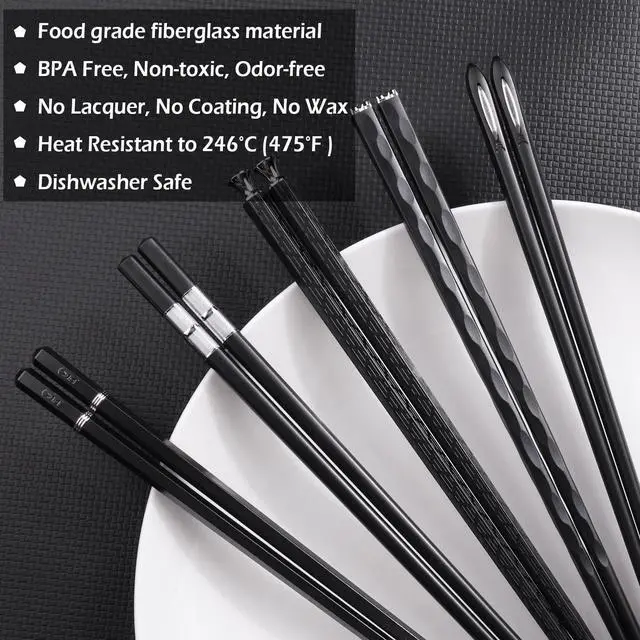 Alt view image 3 of 7 - GLAMFIELDS 5 Pairs Premium Chopsticks Reusable Dishwasher Safe 9.5 Inch Fiberglass Chop Sticks Gift Set Non Slip Black + Silver