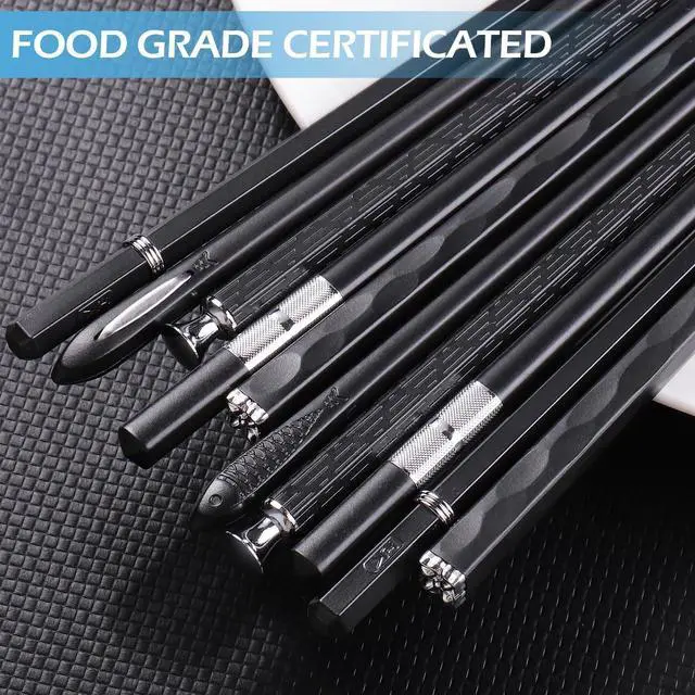 Alt view image 5 of 7 - GLAMFIELDS 5 Pairs Premium Chopsticks Reusable Dishwasher Safe 9.5 Inch Fiberglass Chop Sticks Gift Set Non Slip Black + Silver