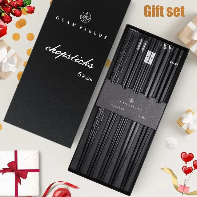 Alt view image 7 of 7 - GLAMFIELDS 5 Pairs Premium Chopsticks Reusable Dishwasher Safe 9.5 Inch Fiberglass Chop Sticks Gift Set Non Slip Black + Silver