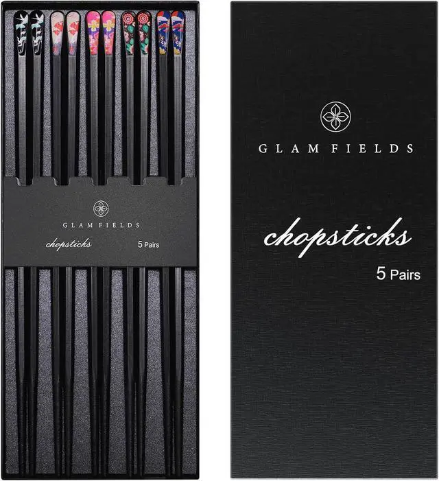 Main image of GLAMFIELDS 5 Pairs Premium Chopsticks Reusable Dishwasher Safe 9.5 Inch Fiberglass Chop Sticks Gift Set Hexagon Black Non Slip with the Printed Tops