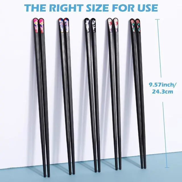 Alt view image 2 of 7 - GLAMFIELDS 5 Pairs Premium Chopsticks Reusable Dishwasher Safe 9.5 Inch Fiberglass Chop Sticks Gift Set Hexagon Black Non Slip with the Printed Tops