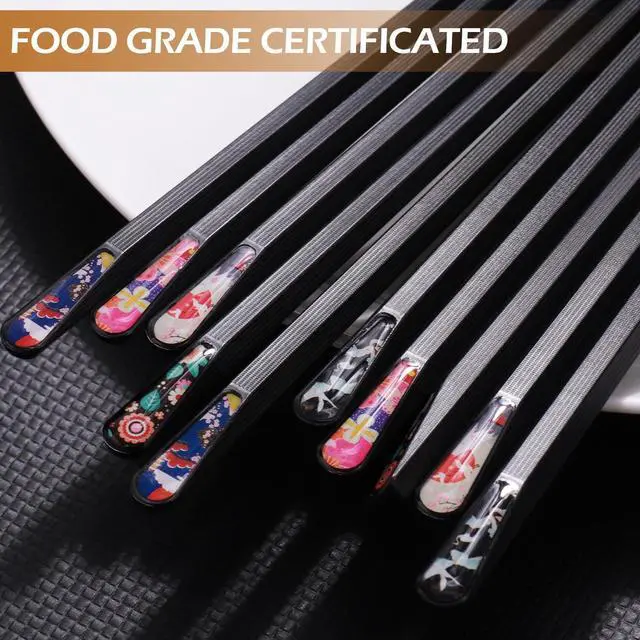 Alt view image 5 of 7 - GLAMFIELDS 5 Pairs Premium Chopsticks Reusable Dishwasher Safe 9.5 Inch Fiberglass Chop Sticks Gift Set Hexagon Black Non Slip with the Printed Tops