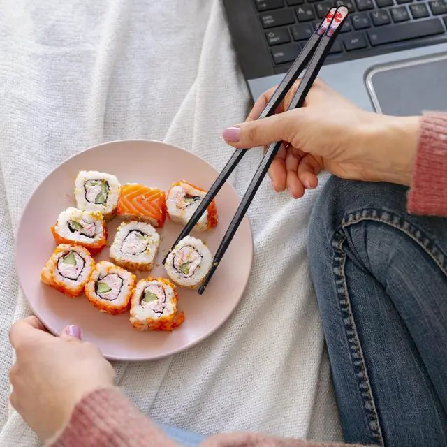 Alt view image 6 of 7 - GLAMFIELDS 5 Pairs Premium Chopsticks Reusable Dishwasher Safe 9.5 Inch Fiberglass Chop Sticks Gift Set Hexagon Black Non Slip with the Printed Tops