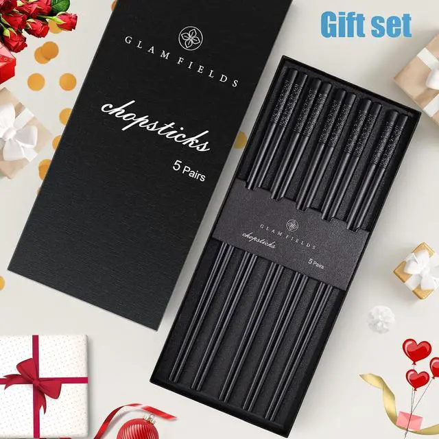 Alt view image 7 of 7 - GLAMFIELDS 5 Pairs Premium Chopsticks Reusable Dishwasher Safe 9.5 Inch Fiberglass Chop Sticks Gift Set Non Slip Lightweight Cherry Blossom Pattern