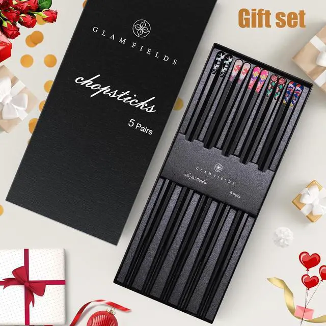 Alt view image 7 of 7 - GLAMFIELDS 5 Pairs Premium Chopsticks Reusable Dishwasher Safe 9.5 Inch Fiberglass Chop Sticks Gift Set Hexagon Black Non Slip with the Printed Tops