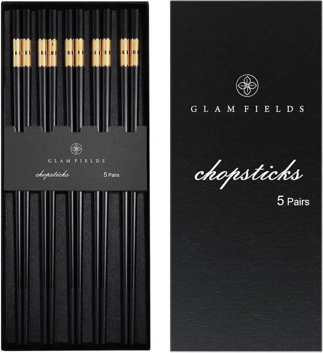 Main image of GLAMFIELDS 5 Pairs Premium Chopsticks Reusable Dishwasher Safe 9.5 Inch Fiberglass Chop Sticks Gift Set Non Slip Black+Gold