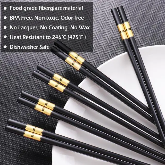 Alt view image 3 of 7 - GLAMFIELDS 5 Pairs Premium Chopsticks Reusable Dishwasher Safe 9.5 Inch Fiberglass Chop Sticks Gift Set Non Slip Black+Gold
