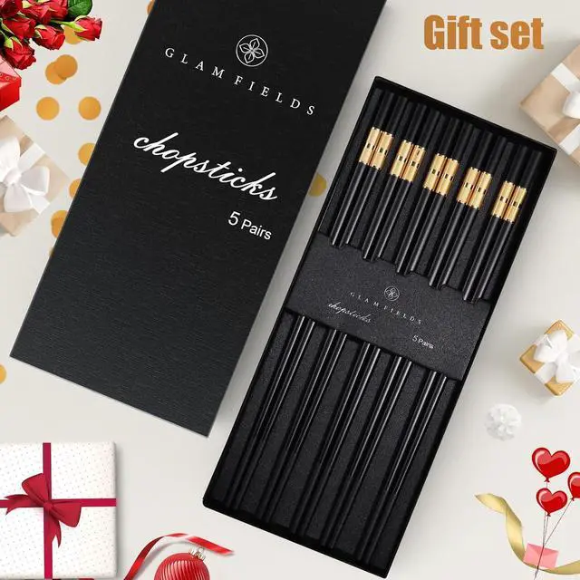 Alt view image 7 of 7 - GLAMFIELDS 5 Pairs Premium Chopsticks Reusable Dishwasher Safe 9.5 Inch Fiberglass Chop Sticks Gift Set Non Slip Black+Gold