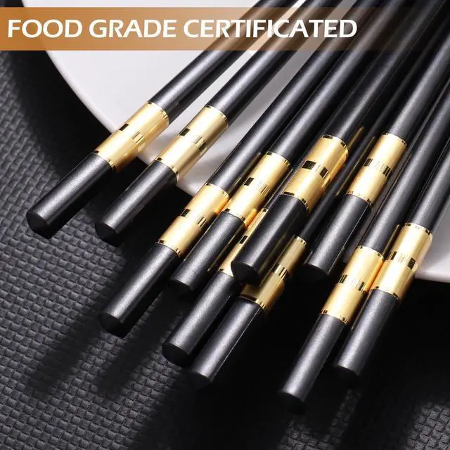 Alt view image 5 of 7 - GLAMFIELDS 5 Pairs Premium Chopsticks Reusable Dishwasher Safe 9.5 Inch Fiberglass Chop Sticks Gift Set Non Slip Black+Gold