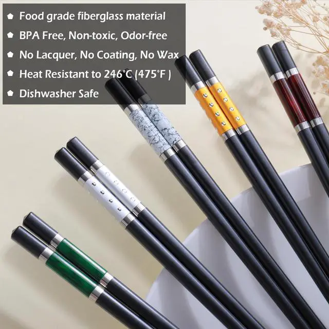 Alt view image 3 of 7 - GLAMFIELDS 5 Pairs Premium Chopsticks Reusable Dishwasher Safe 9.5 Inch Fiberglass Chop Sticks Gift Set Non Slip Multi Color