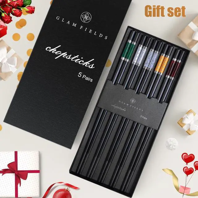 Alt view image 7 of 7 - GLAMFIELDS 5 Pairs Premium Chopsticks Reusable Dishwasher Safe 9.5 Inch Fiberglass Chop Sticks Gift Set Non Slip Multi Color