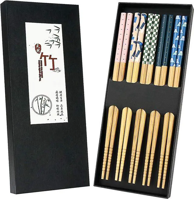 Main image of 5 Pairs Japanese Natural Bamboo Chopsticks with Unique Pattern Dishwasher Safe, Reusable Non-Slip Chopstick Gift Set for Asian Dishes Sushi Rice Noodles, Nicely Boxed Chinese Chop Sticks Functional