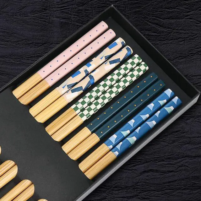 Alt view image 3 of 7 - 5 Pairs Japanese Natural Bamboo Chopsticks with Unique Pattern Dishwasher Safe, Reusable Non-Slip Chopstick Gift Set for Asian Dishes Sushi Rice Noodles, Nicely Boxed Chinese Chop Sticks Functional