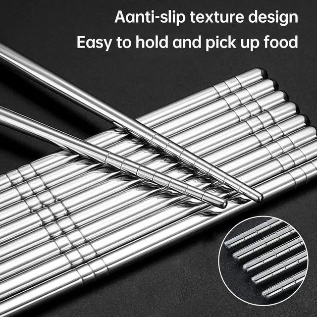 Alt view image 3 of 6 - Premium Reusable Stainless Steel Chopsticks - 5 Pairs, 9.5 Inch, Square, Non-Slip, Dishwasher Safe, Use for Home, Kitchen, Hotel, Restaurant