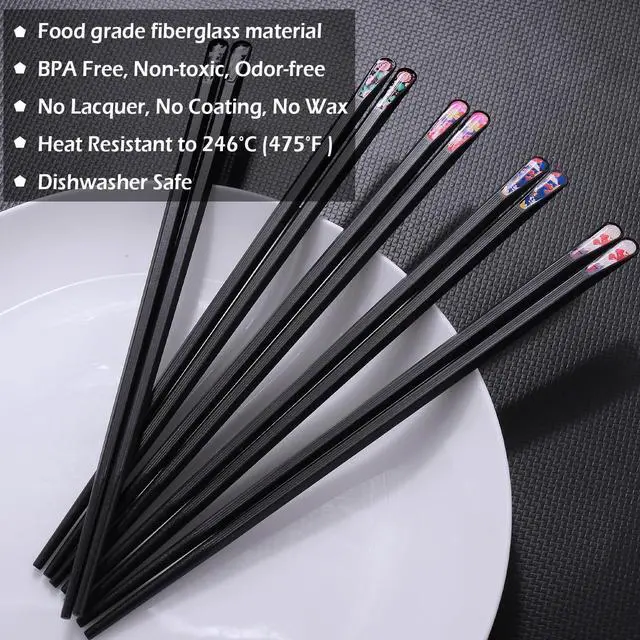 Alt view image 3 of 7 - GLAMFIELDS 5 Pairs Premium Chopsticks Reusable Dishwasher Safe 9.5 Inch Fiberglass Chop Sticks Gift Set Hexagon Black Non Slip with the Printed Tops
