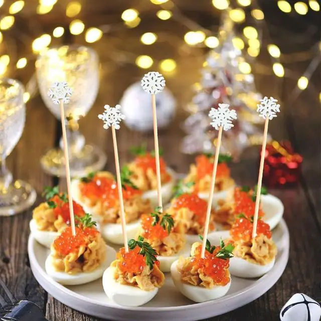 Alt view image 6 of 7 - 100Pcs 4.9" Snowflakes Cocktail Picks 5 Shapes of Snowflake Decor
