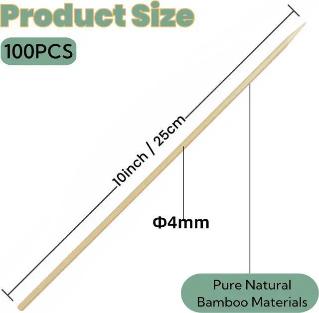Alt view image 2 of 6 - Bamboo Skewers 10 Inch Wooden Skewers Sticks for Grilling, BBQ, Shish Kabob, Fruit, Yakitori. More Size Choices 8"/12", 100 PCS (10inch X 4mm)