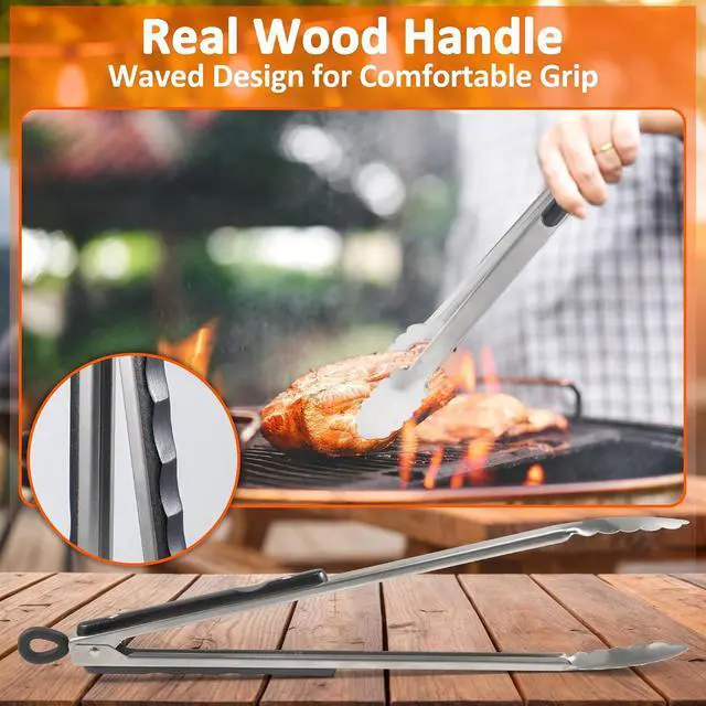 Alt view image 3 of 6 - 17-Inch Long Wood-Handled Stainless Steel BBQ Grill Tongs