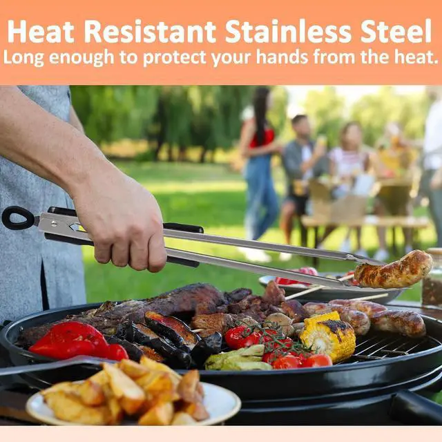 Alt view image 4 of 6 - 17-Inch Long Wood-Handled Stainless Steel BBQ Grill Tongs