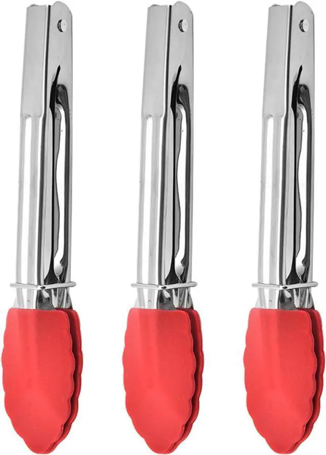 Main image of Mini Kitchen Tongs with Silicone Tips, 3-Piece Set, 7-Inch Non-Stick Tongs with Stainless Steel Silicon Handles, Heat Resistant for Cooking & Serving (Red)