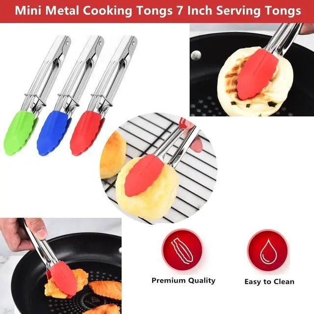 Alt view image 5 of 6 - Mini Kitchen Tongs with Silicone Tips, 3-Piece Set, 7-Inch Non-Stick Tongs with Stainless Steel Silicon Handles, Heat Resistant for Cooking & Serving (Red)