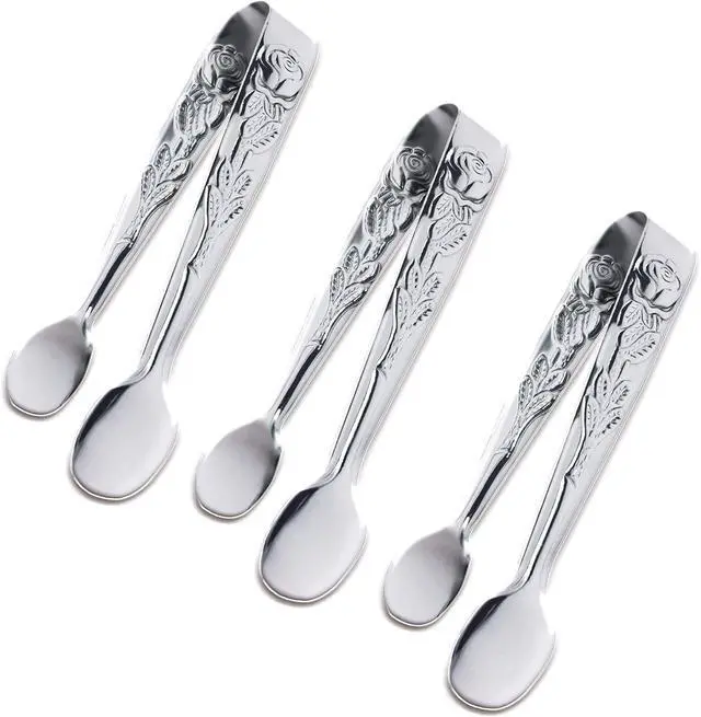 Main image of 3PCS Mini Serving Tongs, 4Inch Rose Stainless Steel Sugar Cube Tongs, Sliver Small Ice Tong for Tea and Coffee Party, Appetizers, Desserts by Sunenlyst (Silver)