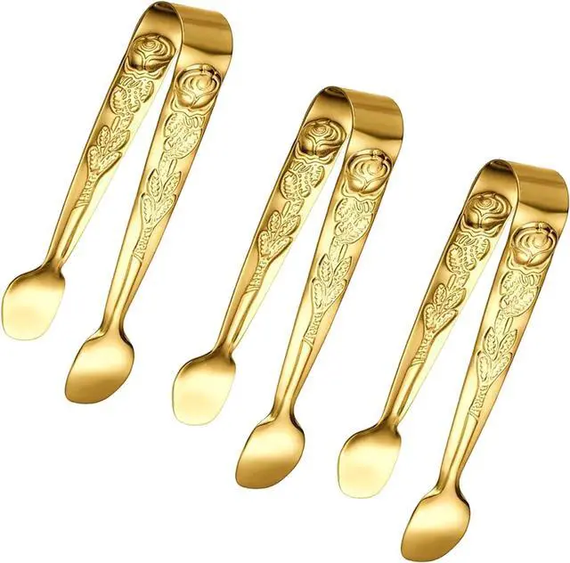 Main image of 3PCS Mini Serving Tongs, 4Inch Rose Stainless Steel Sugar Cube Tongs, Sliver Small Ice Tong for Tea and Coffee Party, Appetizers, Desserts by Sunenlyst (Gold)