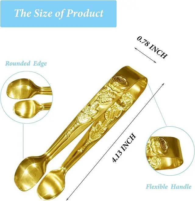Alt view image 2 of 7 - 3PCS Mini Serving Tongs, 4Inch Rose Stainless Steel Sugar Cube Tongs, Sliver Small Ice Tong for Tea and Coffee Party, Appetizers, Desserts by Sunenlyst (Gold)