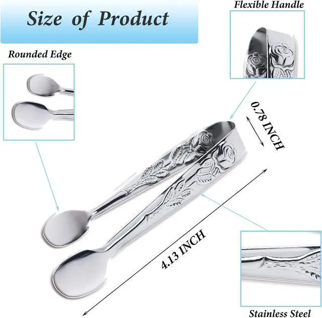 Alt view image 2 of 7 - 3PCS Mini Serving Tongs, 4Inch Rose Stainless Steel Sugar Cube Tongs, Sliver Small Ice Tong for Tea and Coffee Party, Appetizers, Desserts by Sunenlyst (Silver)
