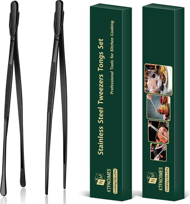 Main image of 2 Pcs 12-Inch Cooking Tweezers Fine Tweezer Tongs, Extra-Long Stainless Steel Kitchen Tweezers, for Grilling, Serving, and Food Preparation,Black