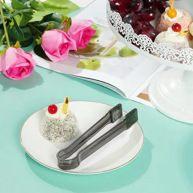 Alt view image 7 of 7 - 10 Pcs Plastic Buffet Serving Tongs, Clear Black Kitchen Tongs Mini Serving Utensil Tongs for Food Ice Salad Buffet Barbecue Cookies, 6.3 Inches