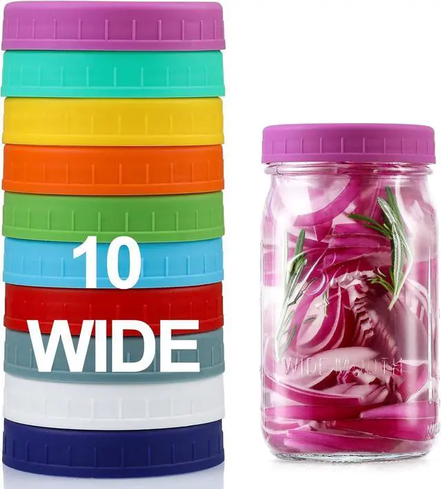 Main image of 10 Pack Plastic Wide Mouth Mason Jar Lids for Ball, Kerr and More - Multicolor Storage Caps for Mason Jars, Canning Jars - Leak-Proof, Dishwasher Safe & Food Grade