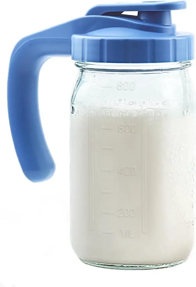 Main image of Breast Milk Pitcher, 32oz Glass Pitcher with Flip Top Lid & Handle - Leak Proof Mason Jar for Iced Tea, Lemonade & Juice, Dishwasher Safe, Blue