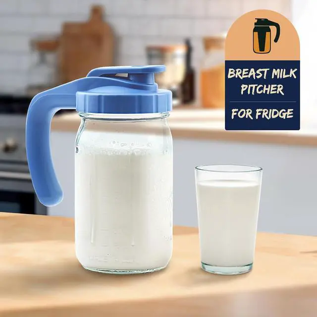Alt view image 2 of 5 - Breast Milk Pitcher, 32oz Glass Pitcher with Flip Top Lid & Handle - Leak Proof Mason Jar for Iced Tea, Lemonade & Juice, Dishwasher Safe, Blue