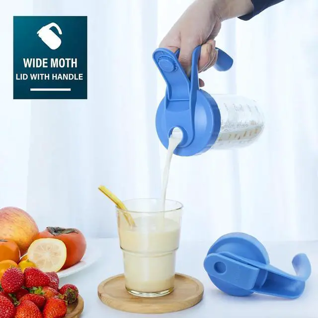 Alt view image 3 of 5 - Breast Milk Pitcher, 32oz Glass Pitcher with Flip Top Lid & Handle - Leak Proof Mason Jar for Iced Tea, Lemonade & Juice, Dishwasher Safe, Blue