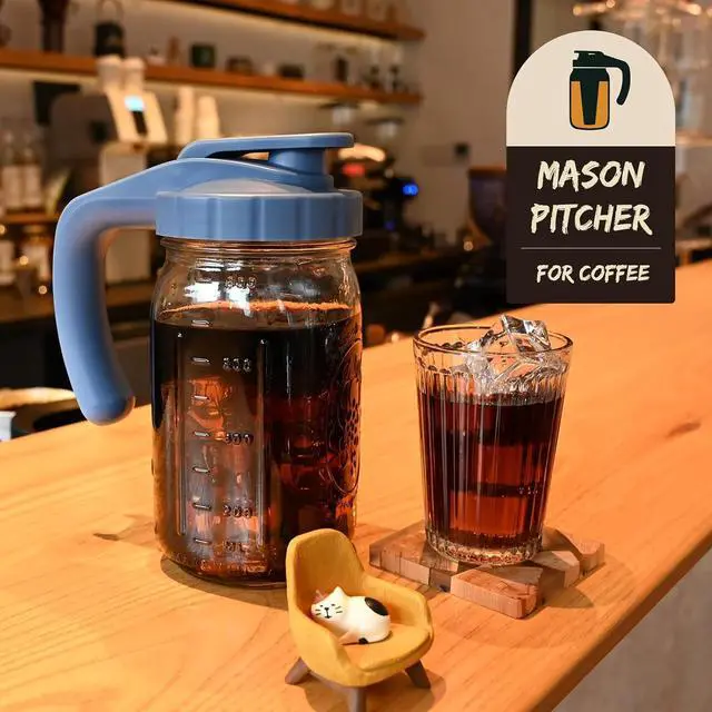 Alt view image 5 of 5 - Breast Milk Pitcher, 32oz Glass Pitcher with Flip Top Lid & Handle - Leak Proof Mason Jar for Iced Tea, Lemonade & Juice, Dishwasher Safe, Blue
