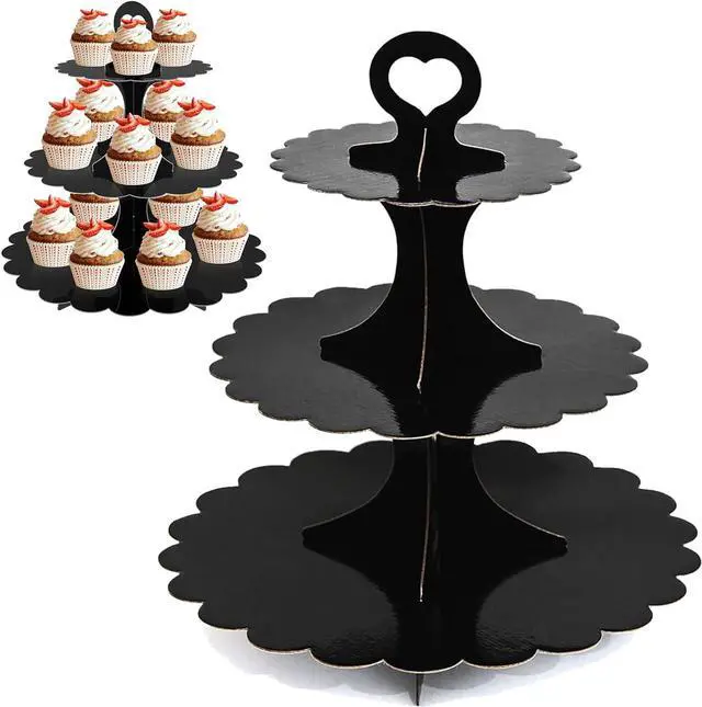 Main image of Cupcake Stand 2 Pack, 3-Tier Black Cardboard Dessert Display Tower