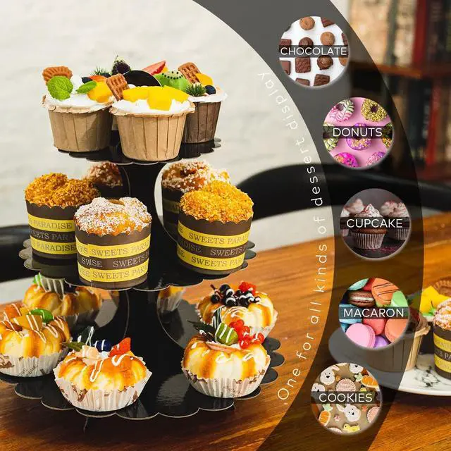 Alt view image 3 of 7 - Cupcake Stand 2 Pack, 3-Tier Black Cardboard Dessert Display Tower