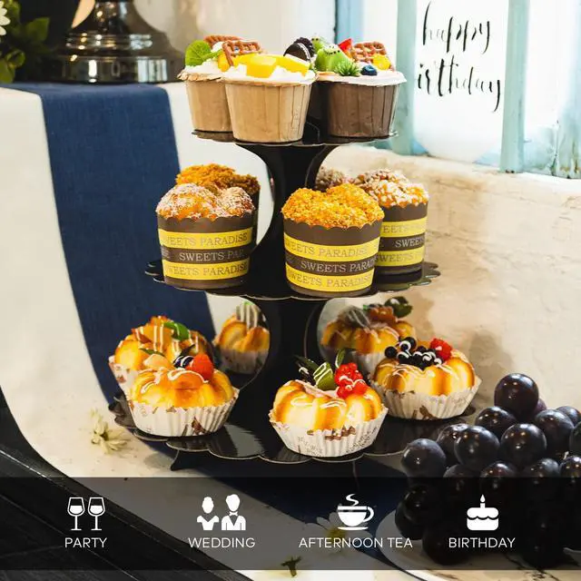 Alt view image 5 of 7 - Cupcake Stand 2 Pack, 3-Tier Black Cardboard Dessert Display Tower