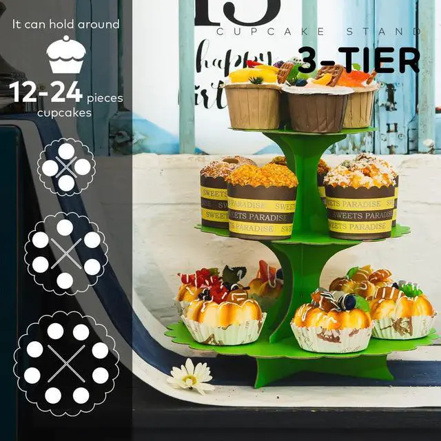 Alt view image 4 of 6 - 3-Tier Green Cupcake Stand 2-Pack, Premium Matte Finish, Easy 60-Second Assembly Heart Handle Design Dessert Tower for Christmas Thanksgiving Easter Graduation Wedding