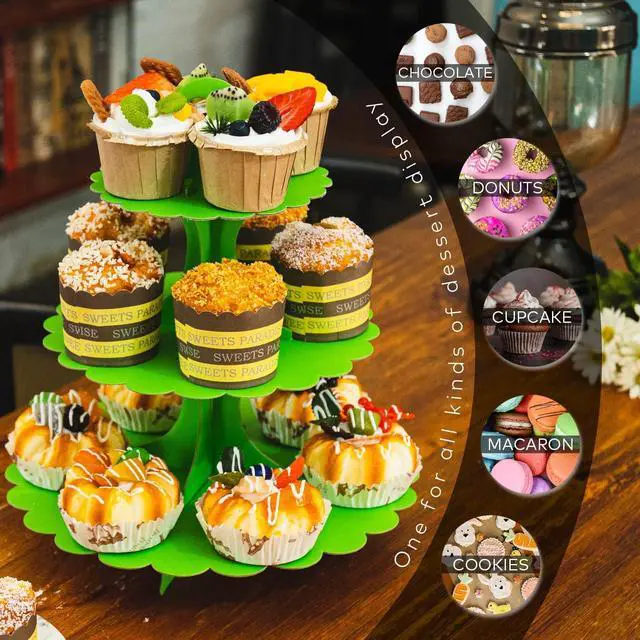 Alt view image 2 of 6 - 3-Tier Green Cupcake Stand 2-Pack, Premium Matte Finish, Easy 60-Second Assembly Heart Handle Design Dessert Tower for Christmas Thanksgiving Easter Graduation Wedding