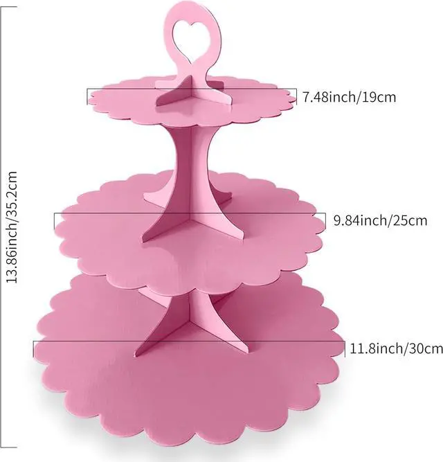 Alt view image 3 of 7 - 3-Tier Pink Cupcake Stand 2-Pack, Dessert Display Tower, Heart Handle & Scalloped Edge, Easy 60-Second Assembly for Girl Birthday Baby Shower Wedding Party Decoration
