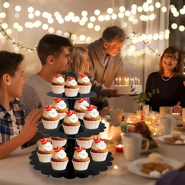 Alt view image 2 of 7 - Black Cupcake Stand, 3-Tier Cardboard Dessert Display Tower, Perfect Size for Small Parties Birthday Wedding Baby Shower, Easy Assembly (1-Pack)