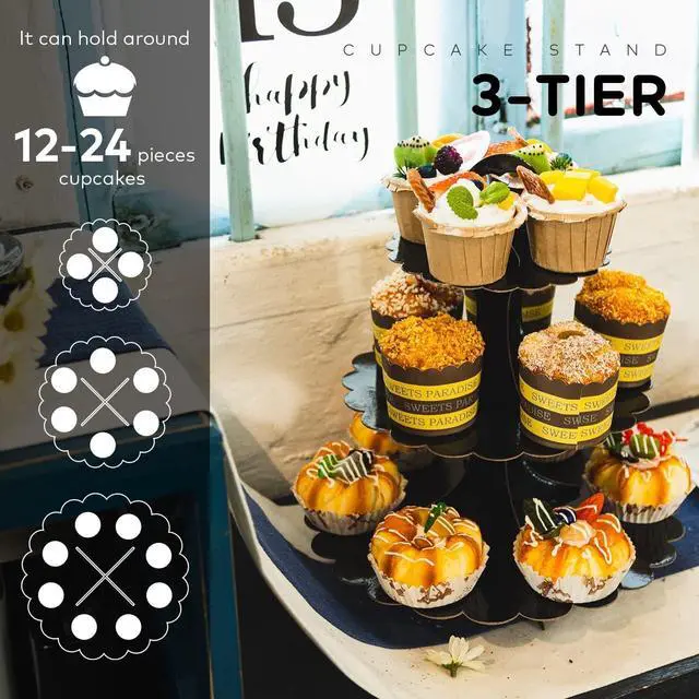 Alt view image 3 of 7 - Black Cupcake Stand, 3-Tier Cardboard Dessert Display Tower, Perfect Size for Small Parties Birthday Wedding Baby Shower, Easy Assembly (1-Pack)
